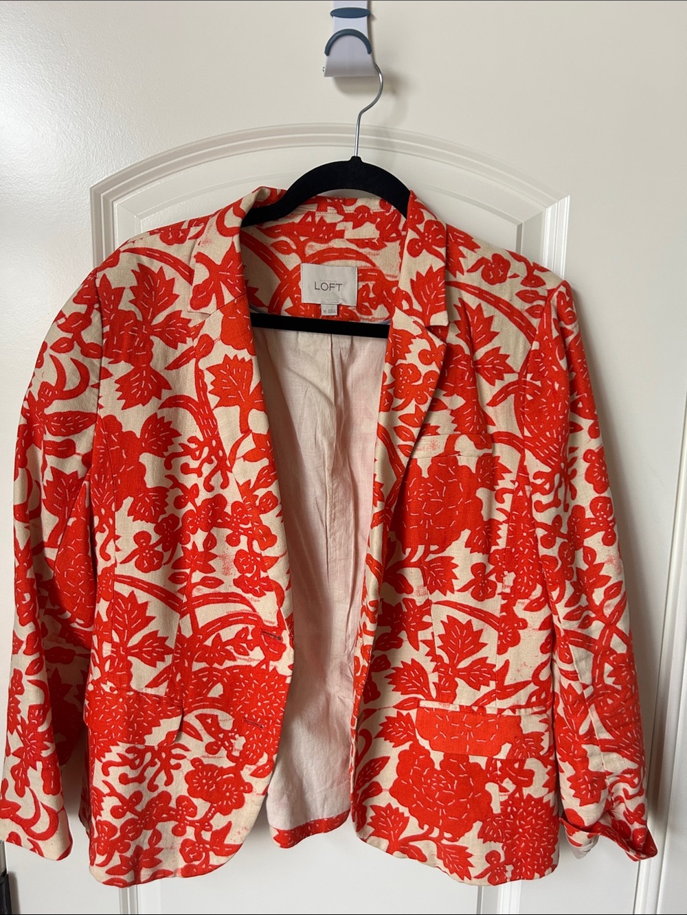LOFT Red Orange Floral Print Open Blazer Jacket